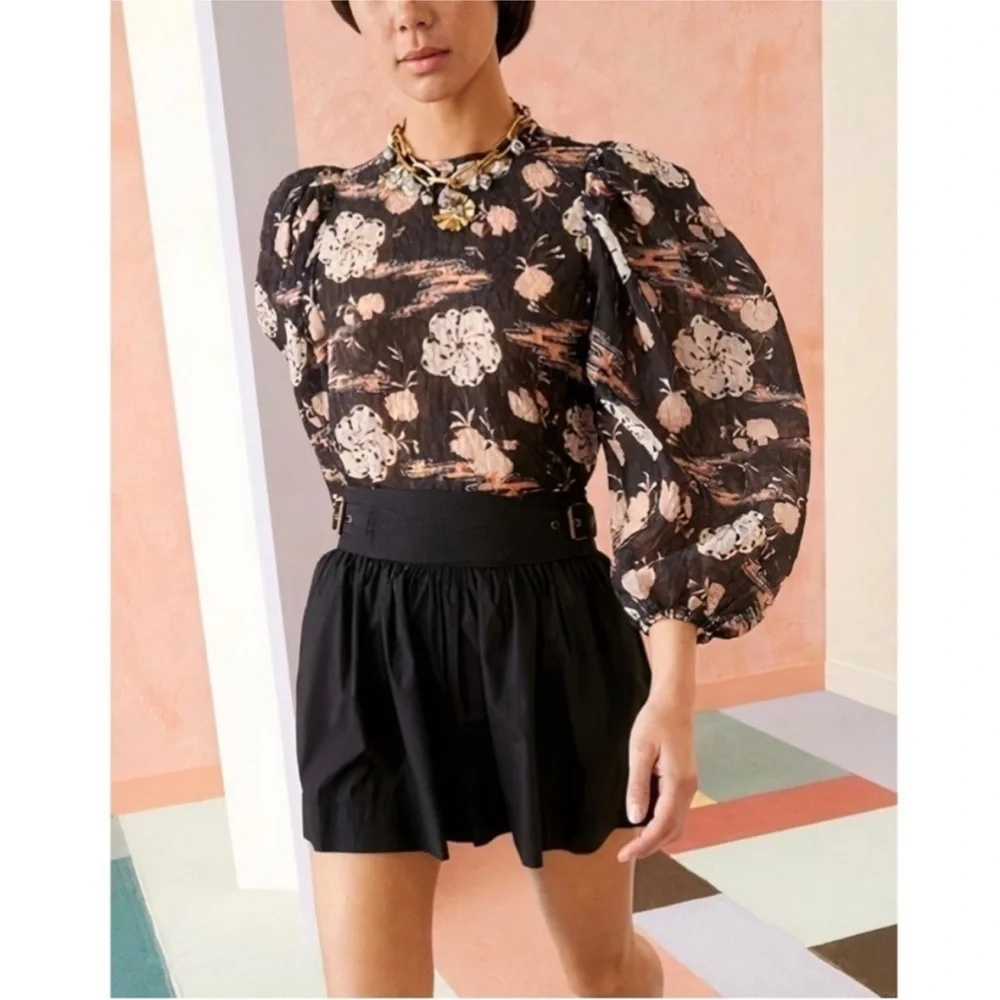 Ulla Johnson Eliza Blouse‎ Onyx Silk Blend Puff Sleeve Floral Top Size 4 Small